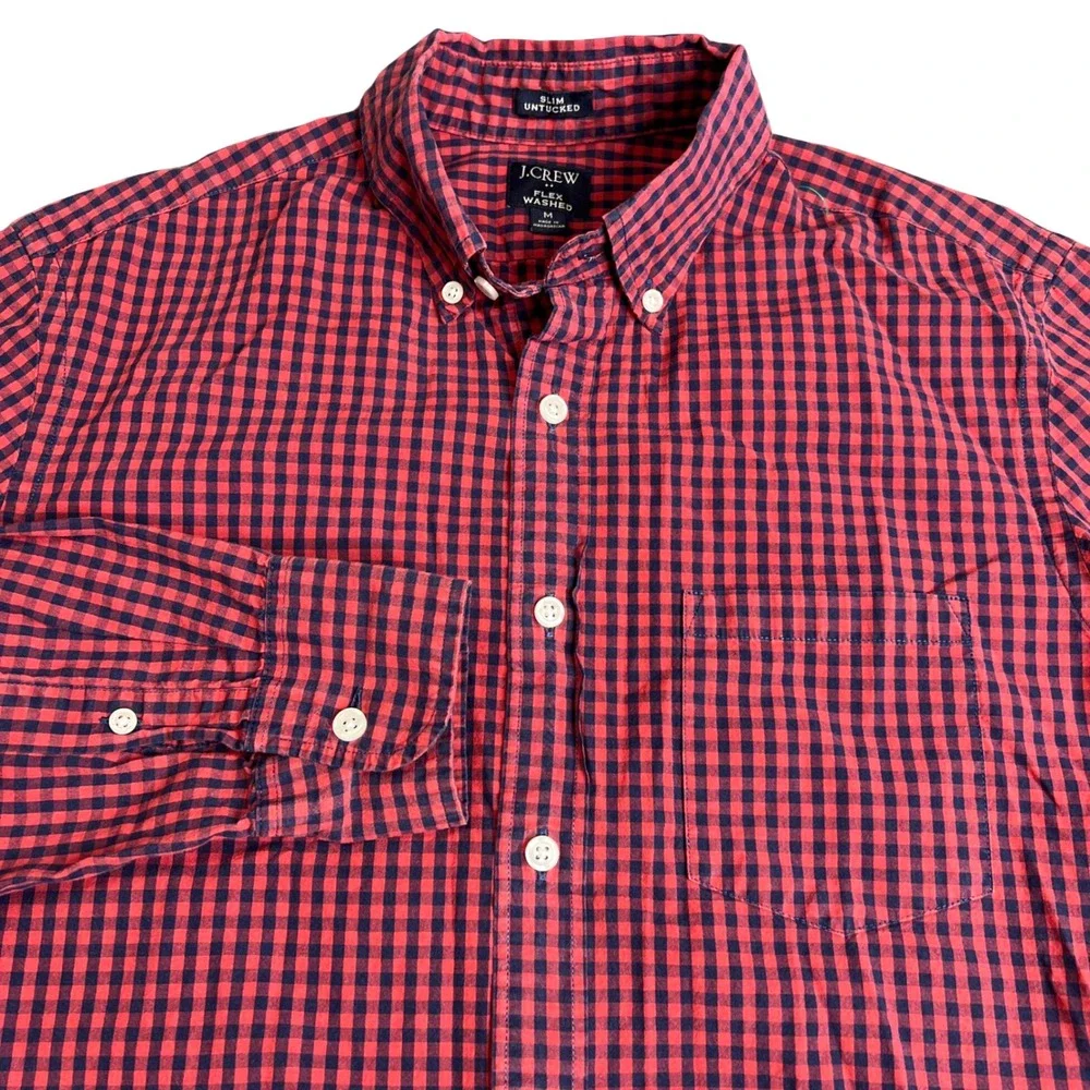 J. Crew Flex Washed Slim Untucked Gingham Shirt Mens Medium Red Navy Blue Check